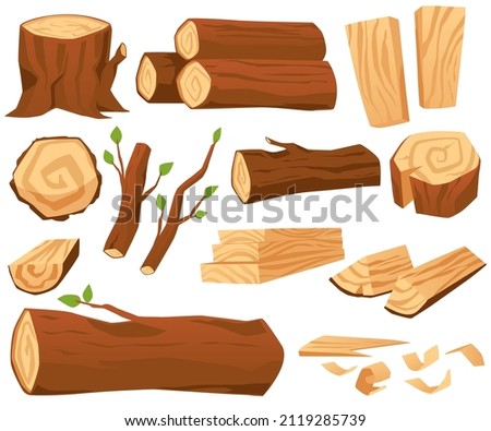 Lumber industry wood logs, trunks, barks and stumps - flat vector illustration isolated on white background. Wooden pieces set , stacked planks and timbers.