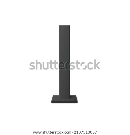 Part of a cast-iron metal pole with base for fastening, realistic template vector illustration isolated on white background. Section of square metal pillar.