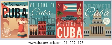 Welcome to Cuba posters set with traditional Cuban culture elements - flat vector illustration. Collection of travel banners with Havana capitol, buildings, cigars and music instruments.