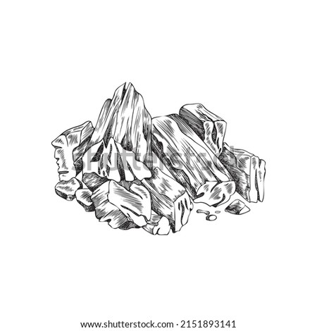Pile of coal for BBQ and grill, hand drawn engraved vector illustration isolated on white background. Coal or wooden charcoal. of bonfire or fireplace.