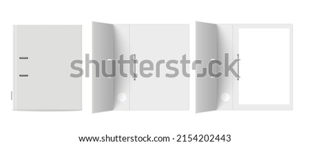 Ring binder empty, closed and with paper sheets inside, realistic mockup vector illustration isolated on white background. Three ring blinders or office folders.