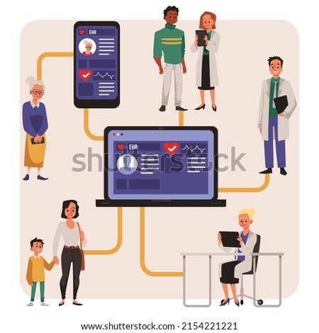 Electronic health records infographic with patients and doctors checking online app, flat vector illustration. Laptop and smartphone with medical data about health conditions of men and women.