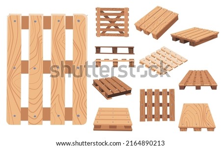 Wood pallet set from different angles, cartoon flat vector illustration isolated on white background. Wooden crate for transportation and storage.