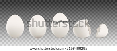 Cracked chicken egg in 3d realistic vector illustration. Whole egg, broken egg with cracks and half of eggshell isolated on transparent background. Cooking ingredients set