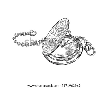 Vintage pocket watch with open lid, hand drawn engraving vector illustration isolated on white background. Gentlemen retro watch or timepiece on a chain.