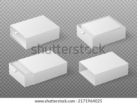 Closed and opened slide boxes set, realistic 3d vector illustration isolated on transparent background. Collection of gift containers with ribbon to pull out. Mockup design of package.