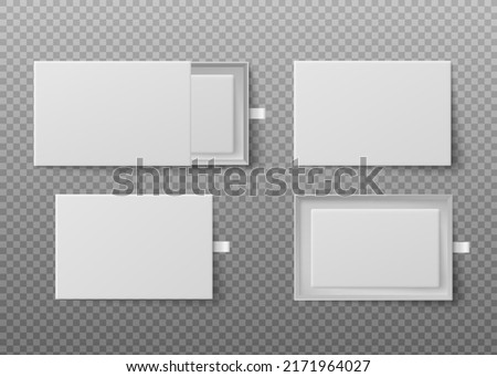 White Box slider, mockup set on transparent background vector illustration. Gift packaging template, open presentation view. Carton or paper drawer, slide box