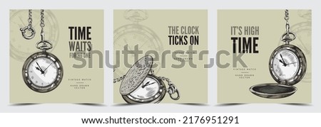 Set of banners or cards with hand drawn pocket watches on chains sketch style, vector illustration isolated on light background. Vintage watches, header, place for text