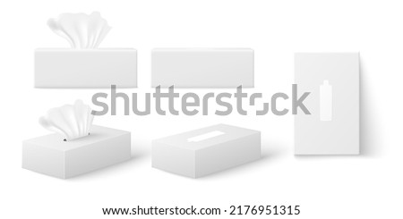 Realistic tissue box mockup set from different angles, 3d vector illustration isolated on white background. Opened and closed boxes with white paper napkins. Rectangular packages with handkerchief.
