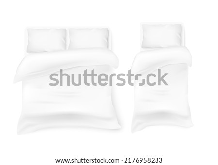 Single and double bed linen templates collection, 3d realistic vector illustration isolated on white background. Blank bedding or bedroom textile top view mockup.