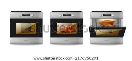 Kitchen oven or stove off and running with open and closed door, realistic template vector illustration isolated on white background. Modern kitchen oven mockup.