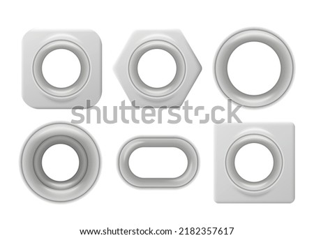 Grommets and metallic eyelets templates collection, realistic vector illustration isolated on white background. Grommet components or shackles for tag price and label.