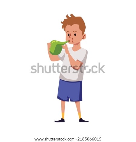Child boy cartoon character inflating an air balloon flat vector illustration isolated on white background. Birthday party celebration or active game with balloons. Сток-фото © 