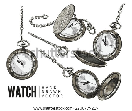 Set of hand drawn colorful watch pockets on chains sketch style, vector illustration isolated on white background. Engraved vintage accessory, black outline design element