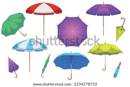 Colorful shut and open umbrellas collection flat vector illustration isolated on white background. Sun and rain protecting umbrellas for summer and autumn season bundle.