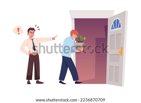 Angry screaming boss dismisses employee, flat vector illustration isolated on white background. Employee fired with scandal, bad attitude and toxic work environment.