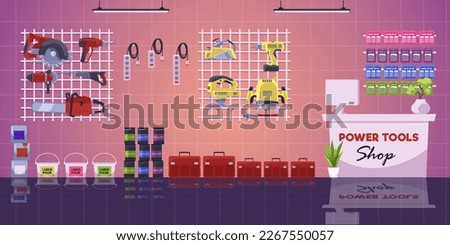 Hardware store interior, cartoon flat vector illustration. Counter with different repair tools and paints. Power tools shop drawing. Retail store for handyman and construction workers.