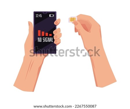 Hands inserting sim card in smartphone, flat vector illustration isolated on white background. No connection sign on phone screen. Cellphone accessories concept.