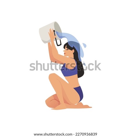 Woman douses herself with water from bucket to harden the body and maintain immunity, flat vector illustration isolated on white background. Disease resistance.