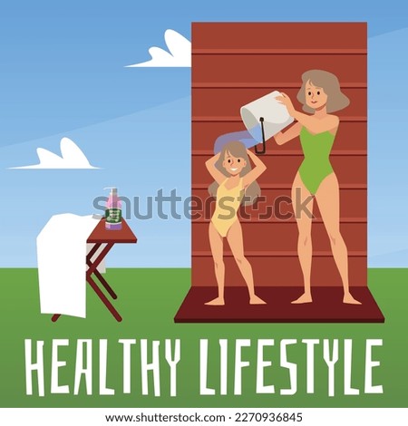 Healthy lifestyle and hardening banner with mother douses her daughter with icy water from bucket, flat vector illustration. Health maintenance and body hardening poster.