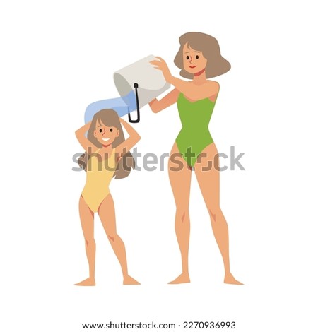 Mother douses her daughter with icy water from bucket to harden the body health and maintain immunity, flat vector illustration isolated on white background.