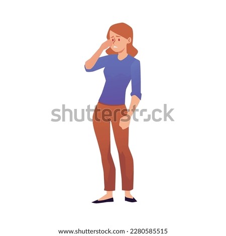 Sad woman with red eyes, allergy symptom flat style, vector illustration isolated on white background. Design element, sick character, eyes irritation