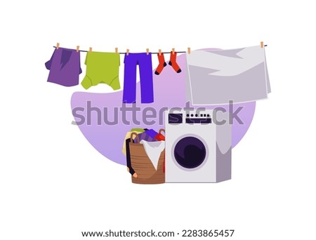 Clean washed clothes drying on rope after laundry and washing machine at color decorative backdrop, flat vector illustration isolated on white background.