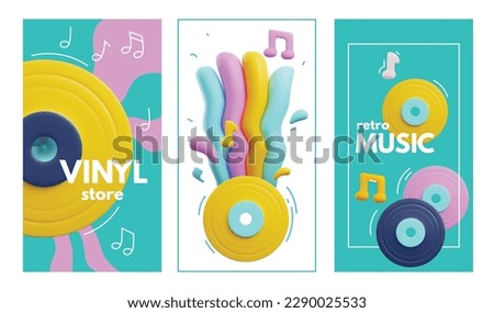 Set of bright vertical flyers about retro music 3D style, vector illustration isolated on white background. Colorful vinyl records, store, decorative designs collection for advertising