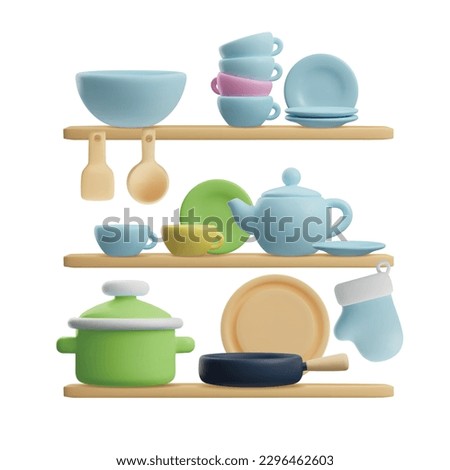 Shelves with kitchenware, 3d render - vector illustration isolated on white background. Cute blue, yellow and green cooking pan, teapot, plates, bowls and cups. Food preparation concept.