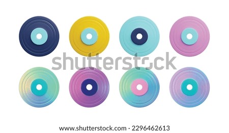 Set of colorful vinyl records in cute 3d style, vector illustration isolated on white background. LP record discs collection with neon gradients. Music festival or Dj party design element.