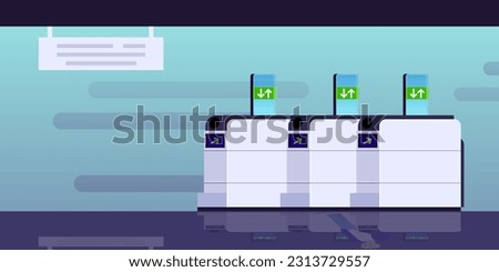 Vector illustrations of inside empty baffle gate or turnstile as passinggate for traffic in metro or subway as rapid transit urban public transport. Train for transporting metro passengers in modern