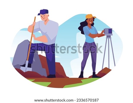 Geologist work composition with man digs and woman takes geodetic measurements of earth surface vector illustration. Cartoon geology equipment, tacheometer and human characters isolated on white
