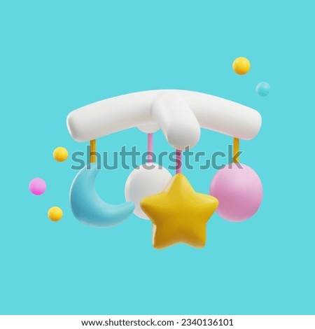 3d colorful baby mobile. Entertaining toy for newborn baby. Plastic childrens decoration. 3D render carousel icon. Cartoon cute childish accessories vector illustration on blue background