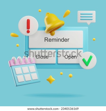 Online reminder, notification 3D style, vector illustration isolated on blue background. Floating decorative design element, ringing bell, calendar, exclamation mark and green tick