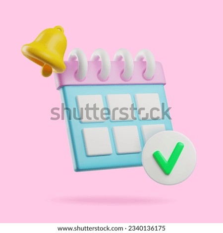 3D calendar appointment concept. 3d render planner with success check mark and reminder yellow ringing bell. Realistic cartoon time management illustration on pink background