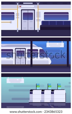 Set of vector illustrations of inside empty baffle gate or turnstile as passinggate for traffic in metro or subway, subway train arriving at metro platform. Train of subway with automatic doors. Great