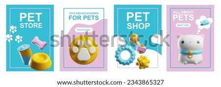 Posters set tamplate with 3d rendering pet store food. Toys, accessories and nutrition. Advertising cat and dog cute care shop. Cartoon vector illustration on pink and blue background in plastic style