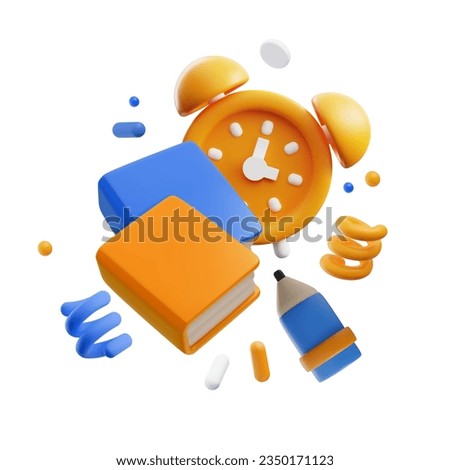 3d orange alarm clock with books and pencil, decorated confetti. Time management, deadline timer concept vector illustration. Realistic 3d reminder in plastic cartoon style.
