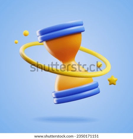 3d realistic full hourglass or sandclock hanging in the air decorated with ring and stars. 3D render watch icon on blue background. Time management concept vector illustration.