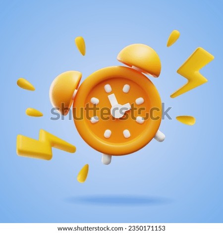 Ringing alarm clock 3D realistic render vector illustration isolated on blue background. Alarm clock volumetric button 3D icon, reminder and deadline notice symbol.