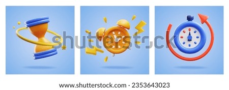 Hourglass, alarm clock and stopwatch in cute 3d style, vector illustrations set. Glossy clock and watches, symbol of time management and deadline.