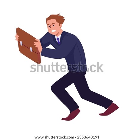 Business man in suit resists strong wind with briefcase. Confident and purposeful brave leader of the company vector flat isolated illustration on white. Fight and don't give up, risk management.