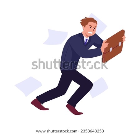 Business man in suit stands and resists strong wind with briefcase, scattered documents. Fight and don't give up, risk management. Confident purposeful brave leader vector flat isolated illustration