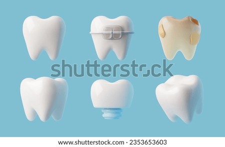 Set of various realistic teeth 3D style, vector illustration isolated on blue background. Decorative design elements collection, healthy and with caries teeth, braces, orthodontics