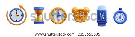 Set of various clocks and watches in cute 3d style, vector illustration isolated on white background. Concepts of time management and deadline. Hourglass, smartwatch, dial watch.