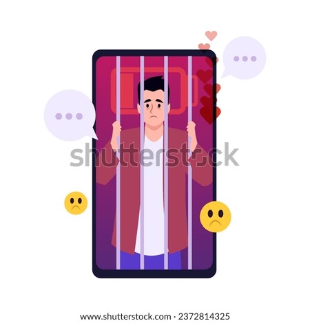 Sad man behind bars in the phone. Psychological addiction to gadgets, low battery, many likes online. FOMO fear of missing out vector illustration concept. Personal anxiety and worry, discomfort