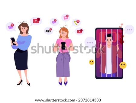 FOMO fear of missing out vector isolated illustration set. Upset man behind bars in the phone. Psychological woman addiction to gadgets. Personal anxiety and worry, discomfort and negative