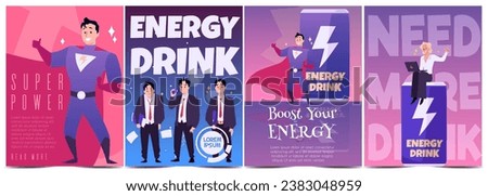 Energy drink can with strong superman, active businesswoman. Advertising design, Boost your energy vector posters set. Apply energy drink and get a lot of vitality, power effect