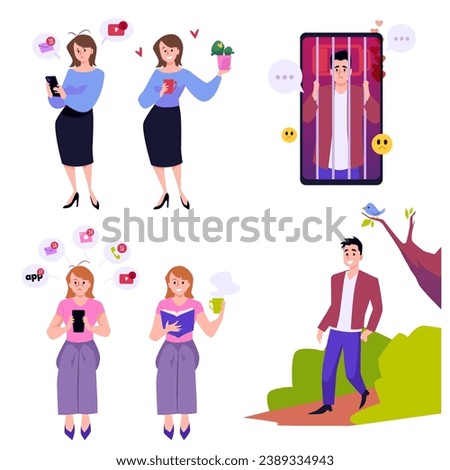 Phone addiction and excessive social media negative effects banners, flat vector illustration isolated on white background. FOMO and JOMO relationship with technology.