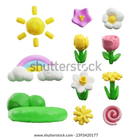 3D plasticine spring flowers, sun, rainbow and lawn. Vector render blossom floral design elements from dough. Clay texture beautiful tulip, chamomile, daffodil with leaves. Sculpting creation.